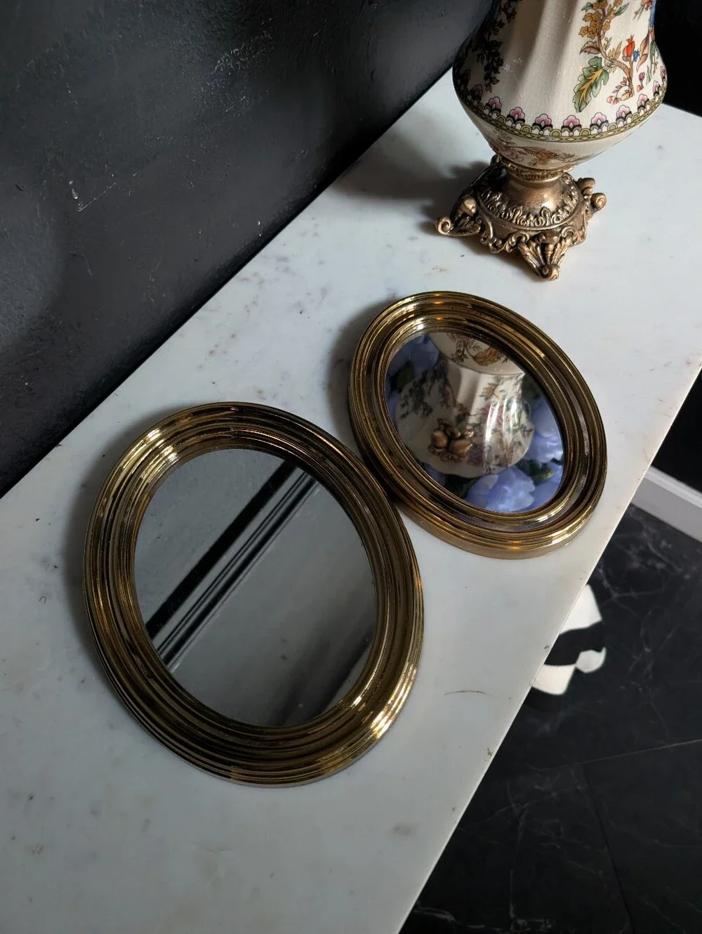 Vintage, set of 2,  MCM Polished Gold style Framed Oval Wall Mirrors decor